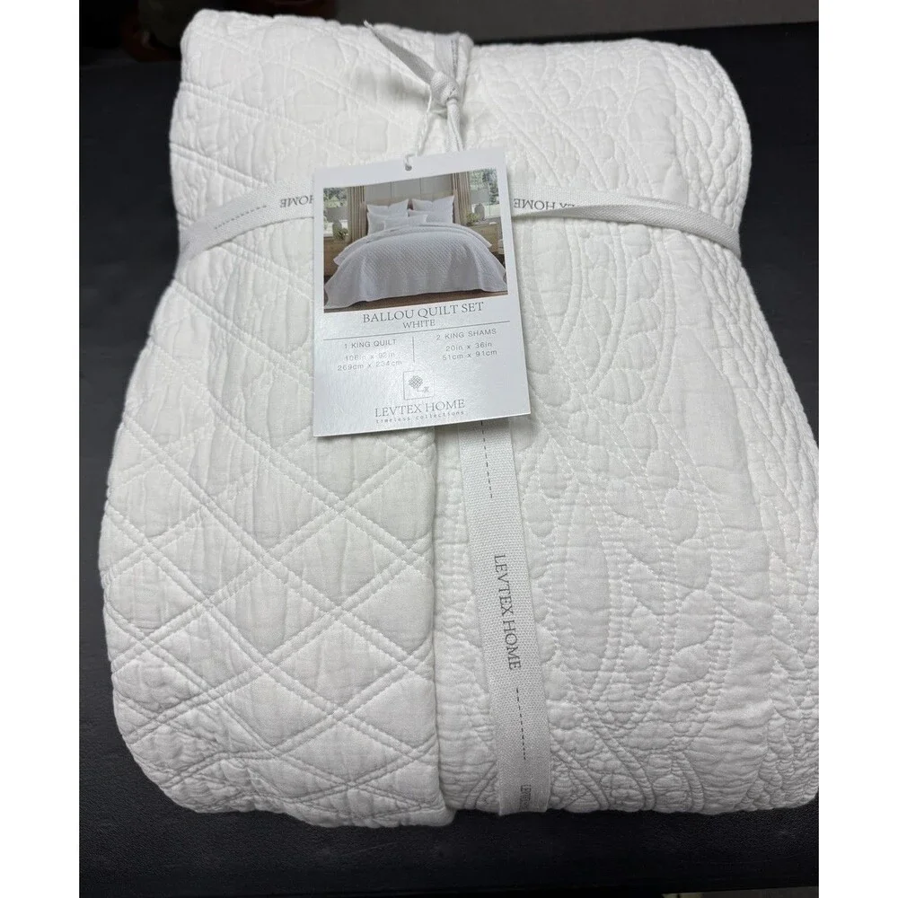 Levtex Home 3PC King Ballou White Cotton Quilt Set